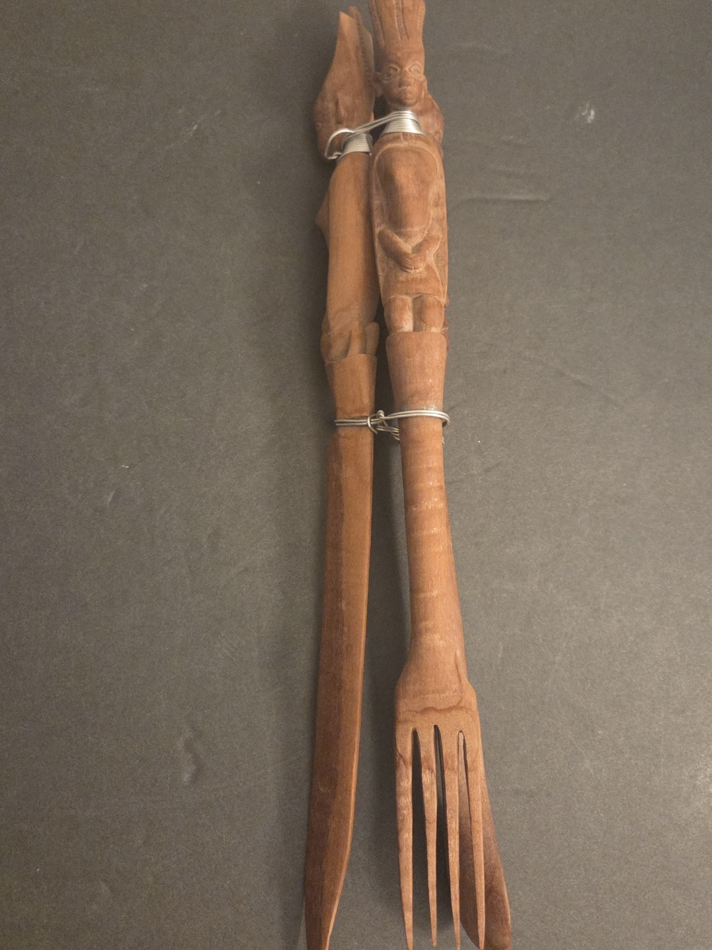 Vintage Hand Carved Wooden Tribal Salad Tossing Serving Set Home Decor w/ Knife